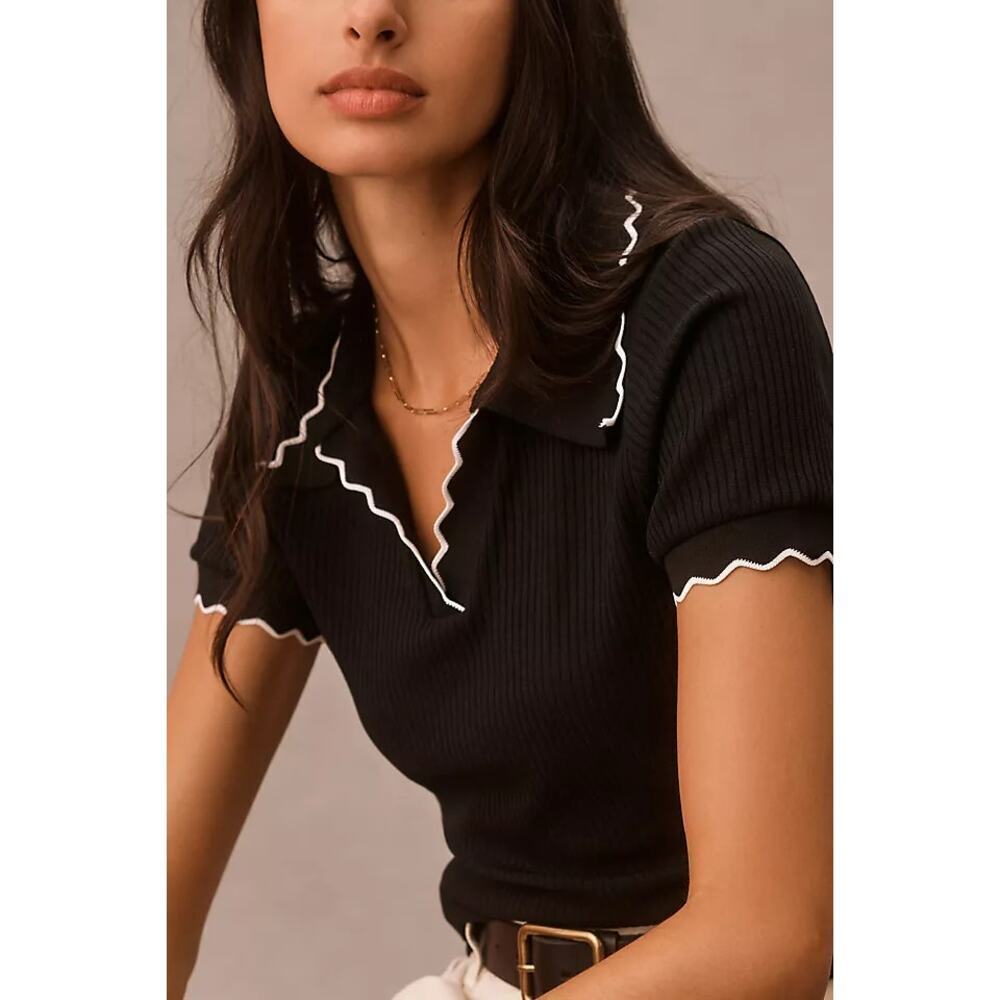 Maeve by Anthropologie Women's Black Scalloped Polo Shirt Size Small - Picture 3 of 14